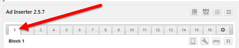 Block 1 settings for WordPress Ad Inserter plugin