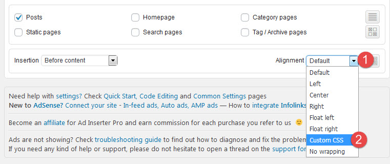Custom CSS option for Ad Inserter WordPress plugin settings