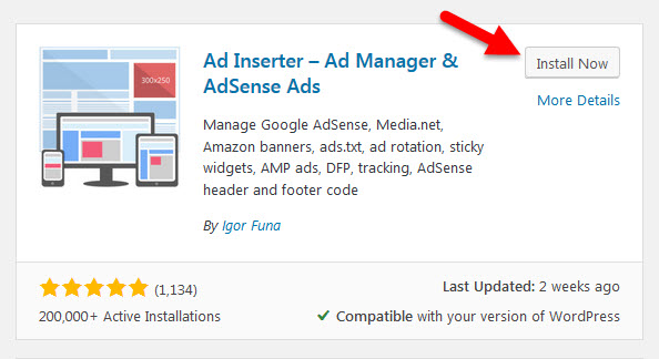 Install now button for WordPress Ad Inserter plugin