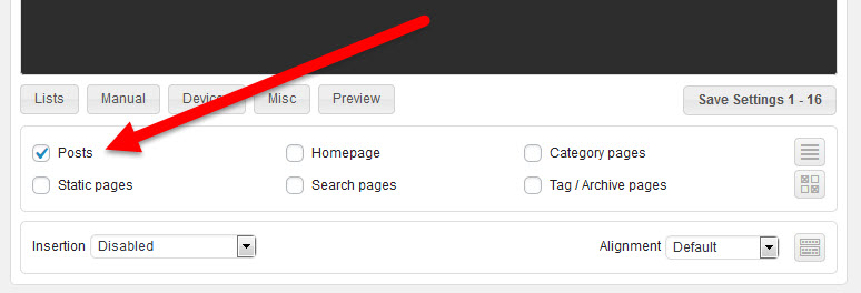 Posts box checked in Ad Inserter plugin settings