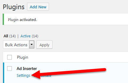 Settings link under Ad Inserter WordPress plugin