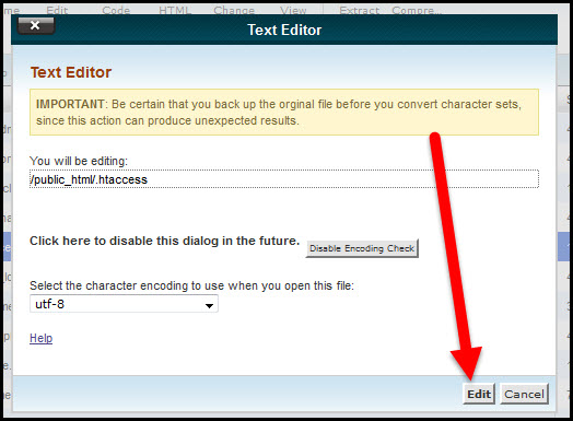 Edit button for htaccess file in pop up box
