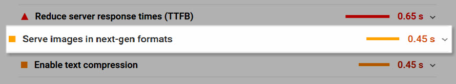 Serve Images in Next-Gen Formats Google PageSpeed Insights Message