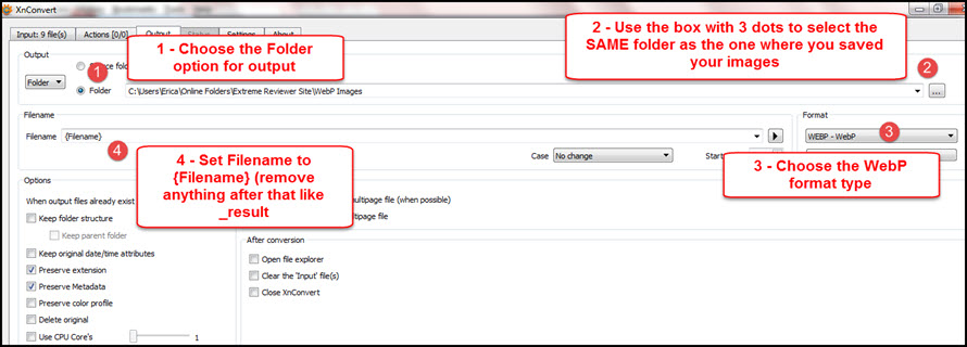 XnConvert Output Settings for WordPress Images