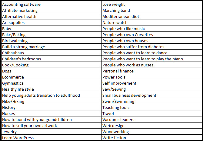 list of example niche ideas