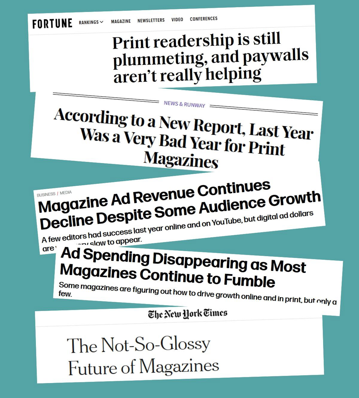 multiple magazine headlines mentioning drop in income for print magazines