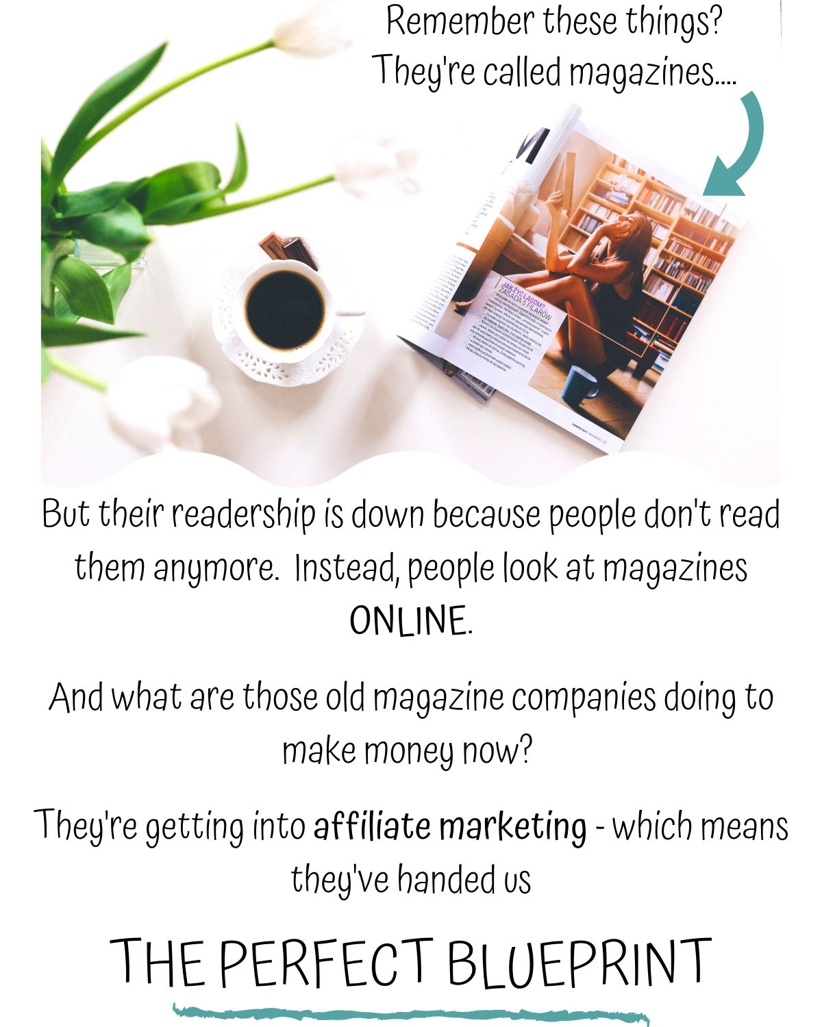 magazine with coffee cup and text explaining that readership is down
