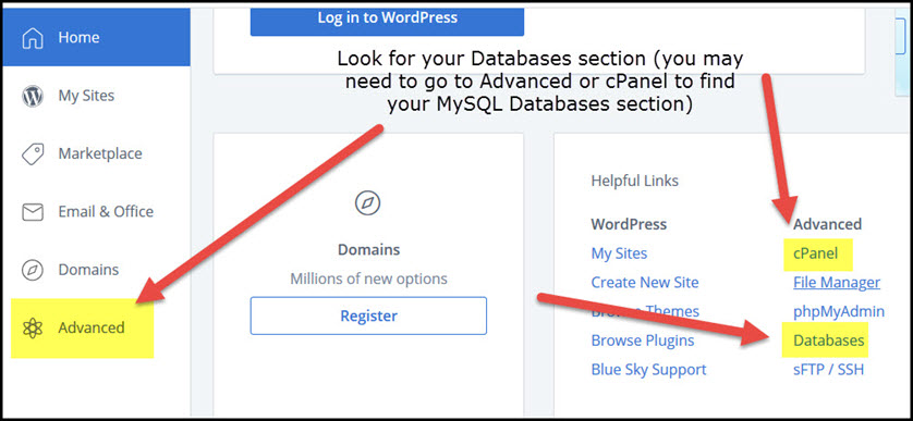 advanced or cpanel to find mysql databases section in dashboard