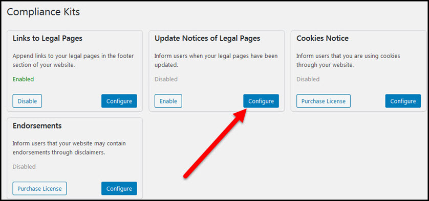 configure button for update notices of legal pages