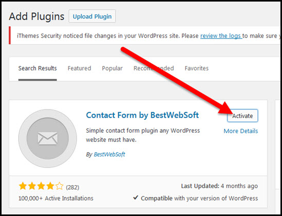 contact form activate plugin button