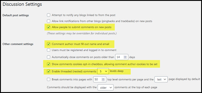 default post and other comment settings