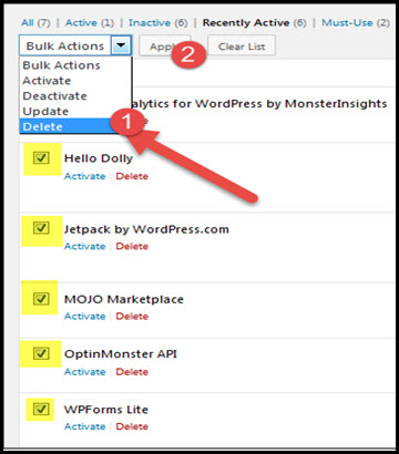 delete action for inactive wordpress plugins