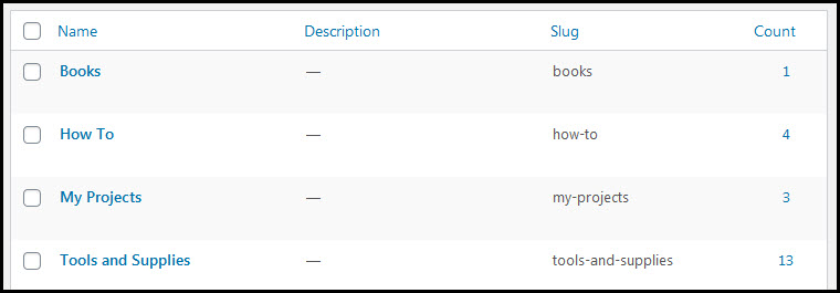 example wordpress categories screen