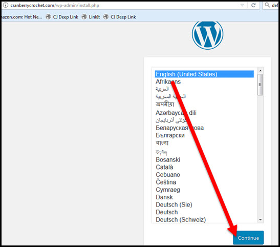 language selection screen on wordpress install