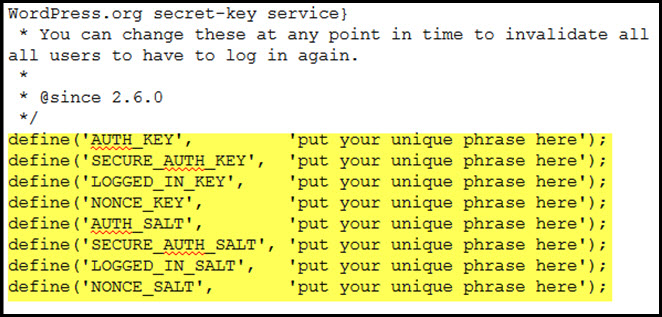 new salt keys in wp config file