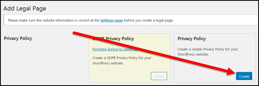 privacy policy page create button