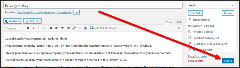 publish button for the privacy policy page