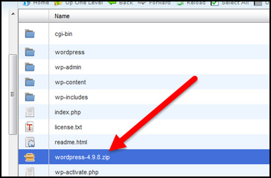 selected wordpress zip folder in root directory