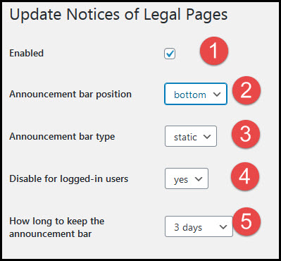update notices of legal pages settings