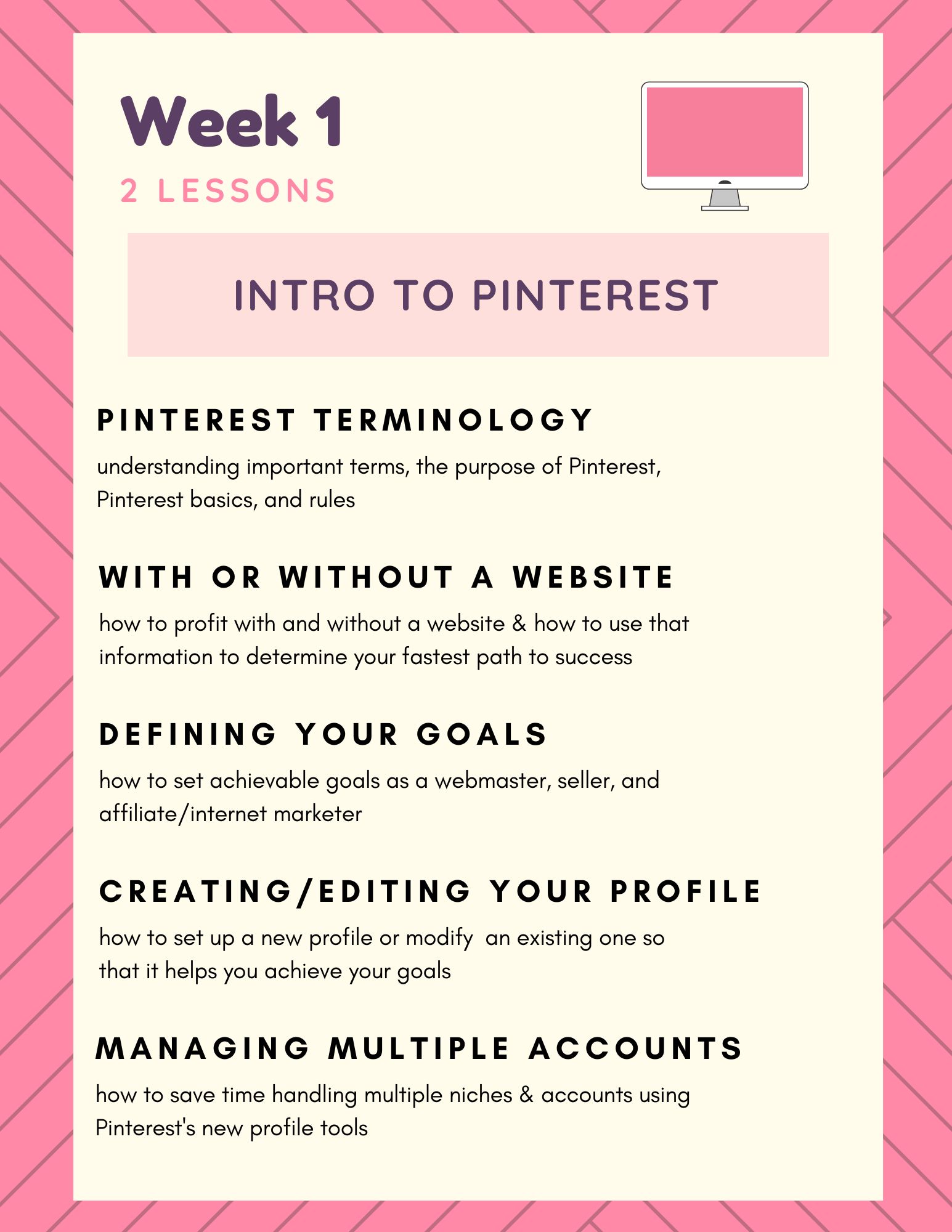 overview of week 1 course topics - intro to pinterest