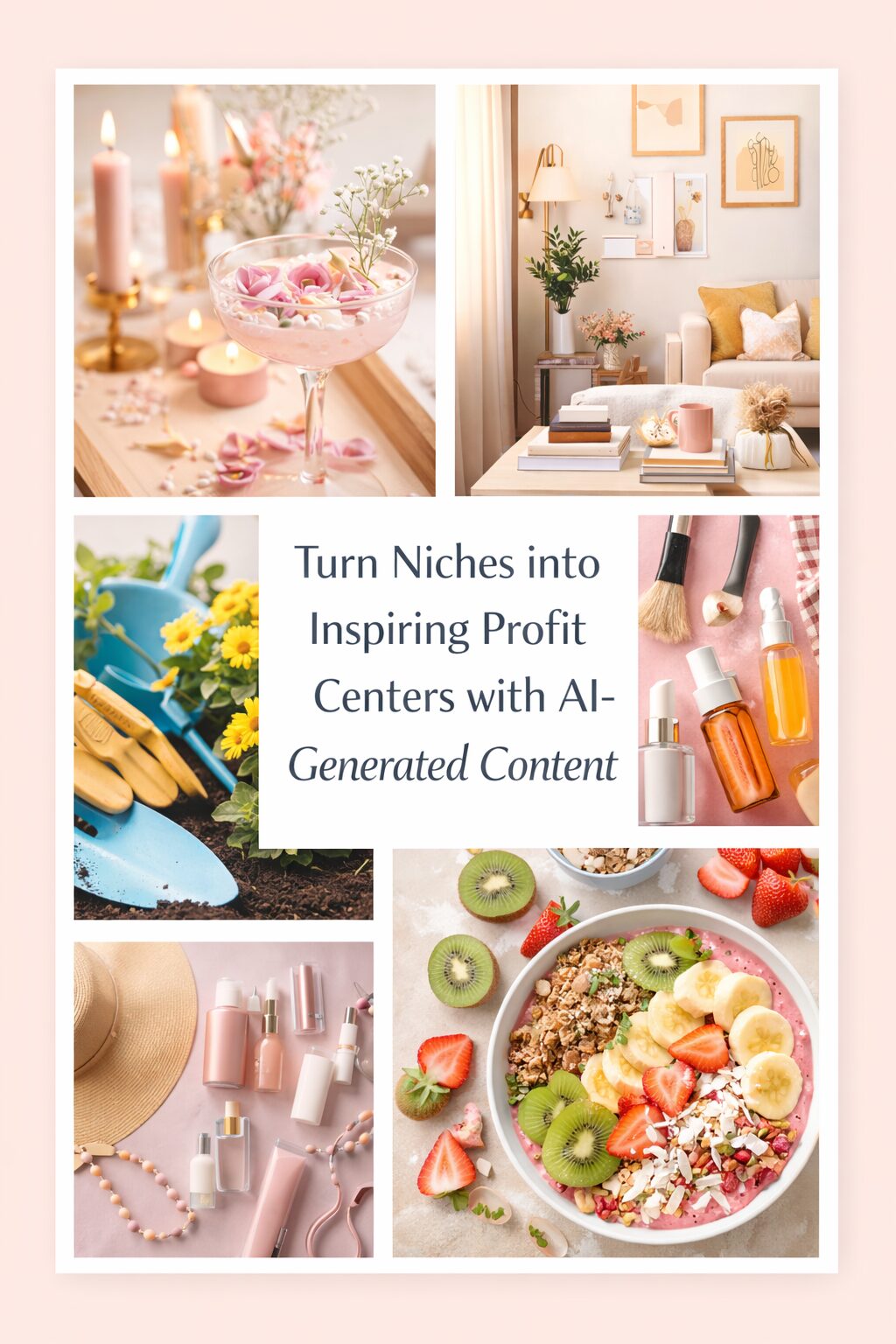 Collage of visually appealing images that says Turn niches into inspiring profit centers with AI-generated content