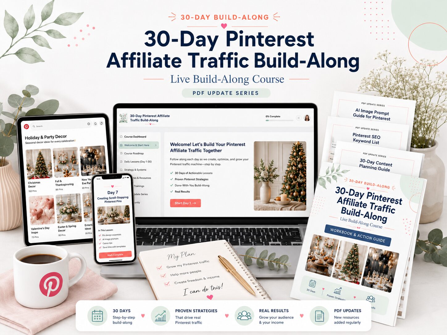 digital product mockup showing desktop and cell screens and PDF covers