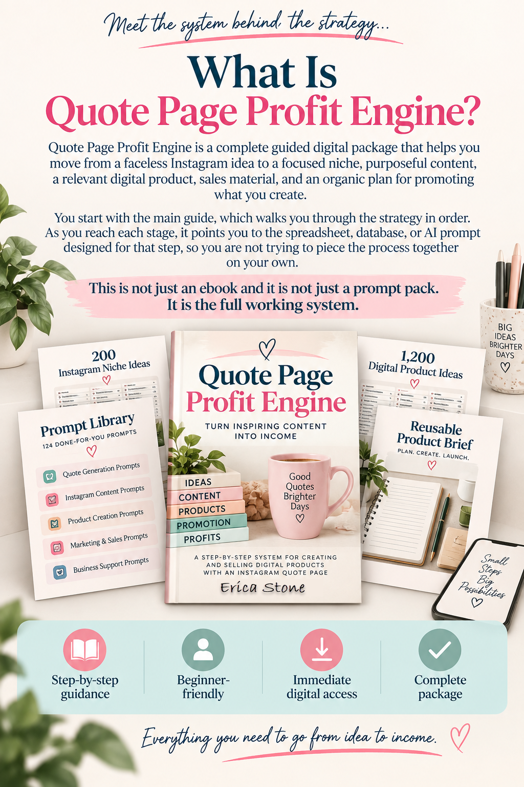 what is quote profit engine image with answer that it is a guided digital package that helps build faceless instagram quote page to promote digital products